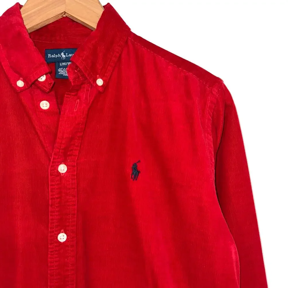 Ralph Lauren Boys Red Corduroy Long Sleeve Button Up Shirt Size L 16/18